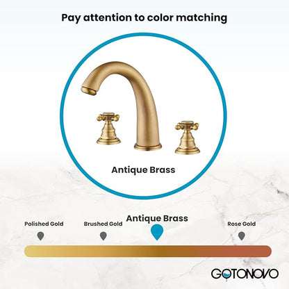 gotonovo Widespread Bathroom Sink Faucet 3 Hole Antique Brass,No Label | Vintage 8’’ Bathroom Faucet,2 Cross Handle,6-16’’ Sink,Vanity,RV,Farmhouse,SUS304,24’’ cUPC Hose,Pop Up Drain,Deck Mount