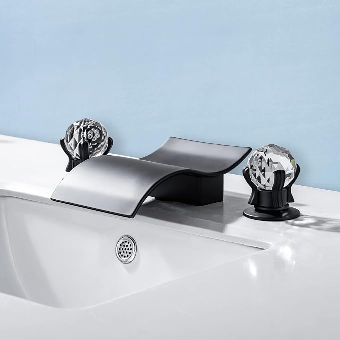 Widespread Bathroom Sink Faucet with Crystal Knob 3 Hole Waterfall Vanity Faucet 8 Inch Crystal Bathroom Faucets Deck Mount Basin Mixer Tap with Hose, Matte Black