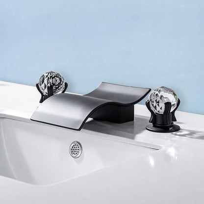 Widespread Bathroom Sink Faucet with Crystal Knob 3 Hole Waterfall Vanity Faucet 8 Inch Crystal Bathroom Faucets Deck Mount Basin Mixer Tap with Hose, Matte Black
