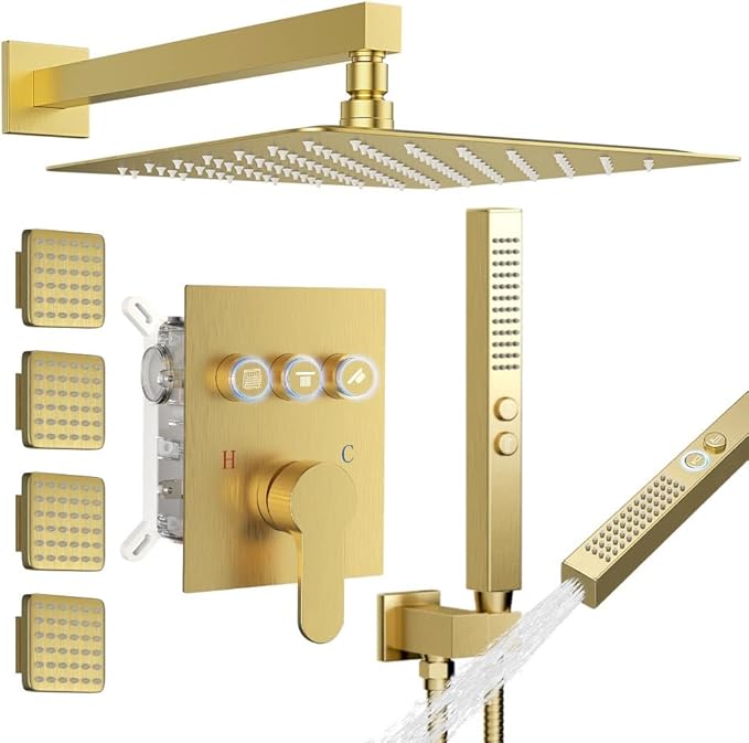 Brushed Gold Shower System with Body Jets, STARBATH 12" Rainfall Shower with 2 in 1 Handheld and 4 Body Jets, Can Use All at Once, Push Button Complete Shower Set with Valve and Trim Kit