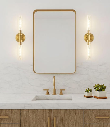 Brushed Gold Bathroom Vanity Light Fixture, 2-Light Modern Wall Sconce Lighting W/Clear Glass, Brass Wall Mount Lamp for Mirror Hallway Kitchen Living Room, E26 T10 Bulbs(Excluded)