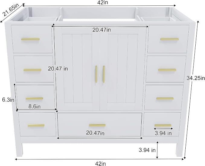 42'' Bathroom Vanity Without Sink,Multi-Functional Bathroom Cabinet with 2 Doors and 9 Drawers, Solid Frame,White(No Sink)