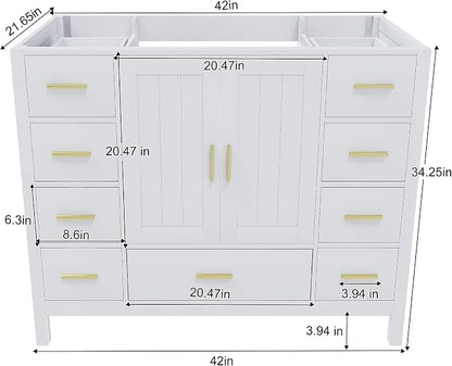 42'' Bathroom Vanity Without Sink,Multi-Functional Bathroom Cabinet with 2 Doors and 9 Drawers, Solid Frame,White(No Sink)