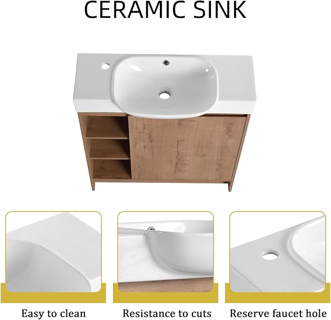 30" Freestanding Bathroom Vanity with Sink, Floor Cabinet, Natural | Integrated Ceramic Sink, Soft-Close Door & 3 Open Storage Shelves, Small Bath Vanity Set, Easy to Clean