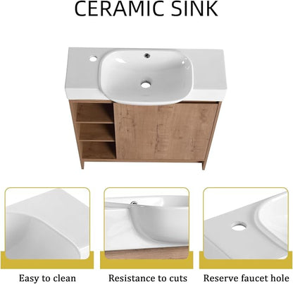 30" Freestanding Bathroom Vanity with Sink, Floor Cabinet, Natural | Integrated Ceramic Sink, Soft-Close Door & 3 Open Storage Shelves, Small Bath Vanity Set, Easy to Clean