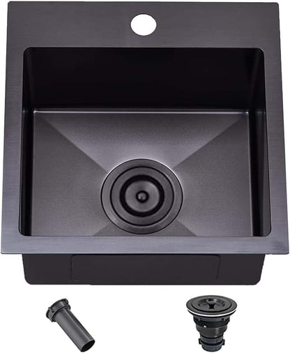 15x15 Drop In Black Bar Sink, 15 Inch Stainless Steel Top Mount Gunmetal Black 16 Gauge Single Bowl Small Kitchen Outdoor RV Sink with Strainer Drain
