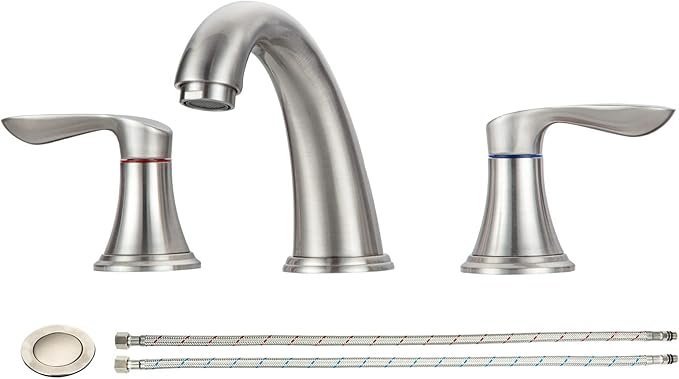 Bathroom Faucet, 8 Inch Bathroom Faucets for Sink 3 Hole, Widespread Brushed Nickel Bathroom Faucet with Pop up Drain and cUPC Lead-Free Hose (Brushed Nickel)