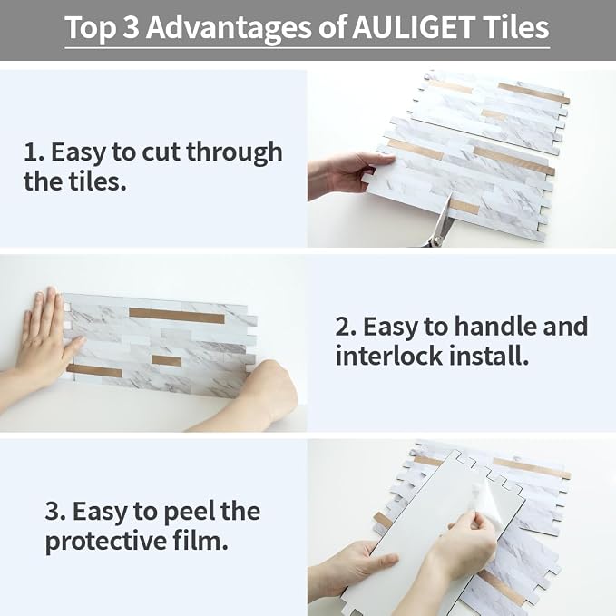 AULIGET 2 Sheets Faux Stone White Marble Peel and Stick Backsplash, PVC Mixed Metal Champagne Gold Wall Tile Stick on Backsplash for Kitchen and Bathroom