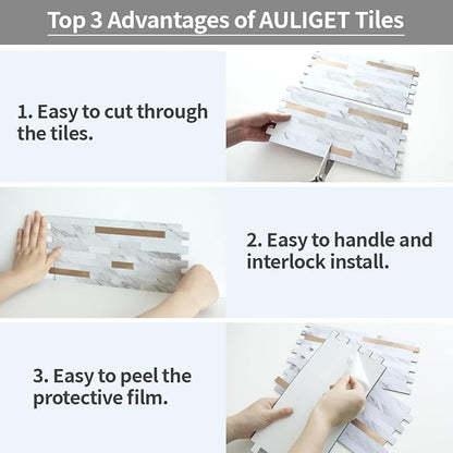 AULIGET 2 Sheets Faux Stone White Marble Peel and Stick Backsplash, PVC Mixed Metal Champagne Gold Wall Tile Stick on Backsplash for Kitchen and Bathroom