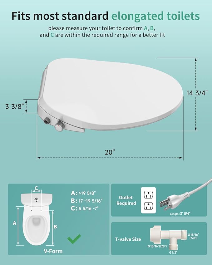 SR SUN RISE Electric Bidet Toilet Seat Elongated - Dual Nozzles for Female & Hip, Comfort Heated Seat & Air Dryer, 6 Wash Modes, Remote & Knob Control, Silent Close Lid, Nightlight, Ultra-Slim