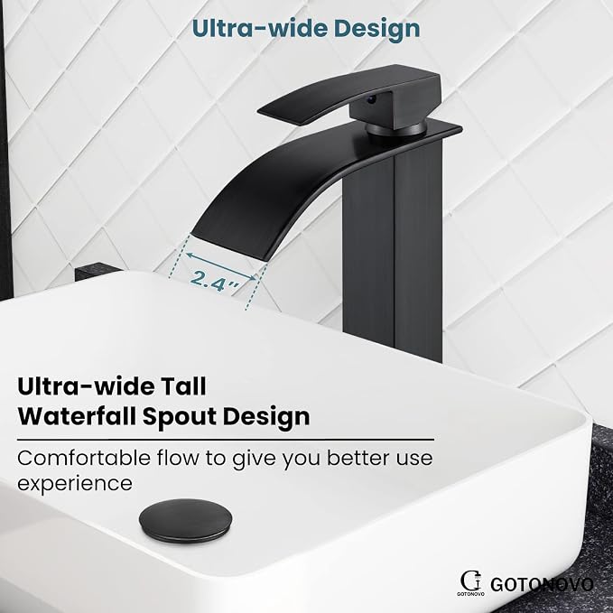 gotonovo Waterfall Tall Bathroom Faucet 1 Hole No Drain, Oil Rubbed Bronze | Modern Vessel Sink Faucet Single Handle 304 Stainless Steel,24” cUPC Supply Hoses,for Bowl Basin Lavatory Vanity Restroom RV