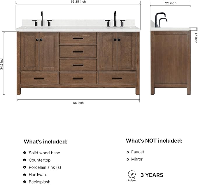 Beckford 66-Inch Brown Oak Double Bathroom Vanity with Sink, 1.5-Inch Edge Carrara White Quartz Countertop & 4" Backsplash, Soft-Closing Doors & Drawers, Solid Oak Wood Construction