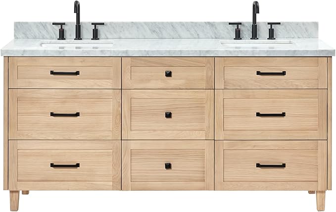 ARIEL Monroe 72-inch Bathroom Vanity with Sink,Solid Wood, 1.5-inch Italian Carrara Marble Countertop & Backsplash, Double Oval Porcelain Sink, 9 Dovetail Drawers, Matte Black, White Oak