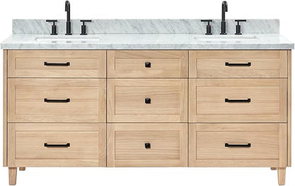 ARIEL Monroe 72-inch Bathroom Vanity with Sink,Solid Wood, 1.5-inch Italian Carrara Marble Countertop & Backsplash, Double Oval Porcelain Sink, 9 Dovetail Drawers, Matte Black, White Oak