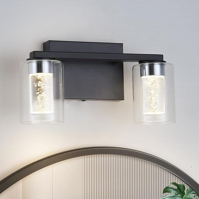 2-Light Bathroom Light Fixtures, Black Modern Vanity Lights with Clear Glass Shade, LED Bathroom Wall Lighting with Crystal Bubble for Mirror Hallway Cabinet Porch
