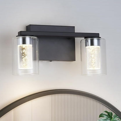 2-Light Bathroom Light Fixtures, Black Modern Vanity Lights with Clear Glass Shade, LED Bathroom Wall Lighting with Crystal Bubble for Mirror Hallway Cabinet Porch