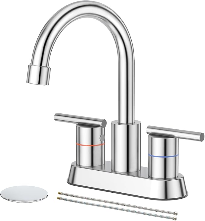 Faustina Polished Chrome Bathroom Faucet, 4 Inch Centerset Bathroom Faucet for Sink 2 Holes 3 Holes，Two Handles 304 Stainless Steel Faucet with Pup up Drain and 2 Water Supply Lines for RV Vanity