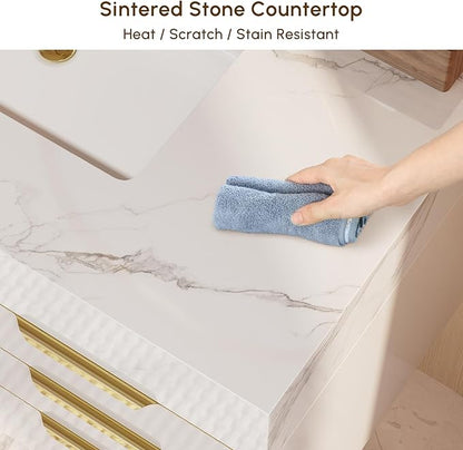 Bathroom Vanity with Sink, Modern Bathroom Vanity with Faux Marble Top, Gold Hardware & Soft-Close Drawers for Bathroom Storage (35.4 Inch, White, Single Sink & Floating)