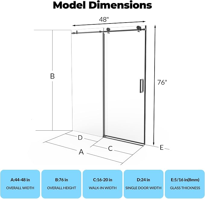 44-48" W x 76" H Frameless Sliding Shower Door，5/16" Thick Tempered Clear Glass with Explosion-Proof Film,Easy-to-Clean Coating,Handle and Seal Strip, Matte Black