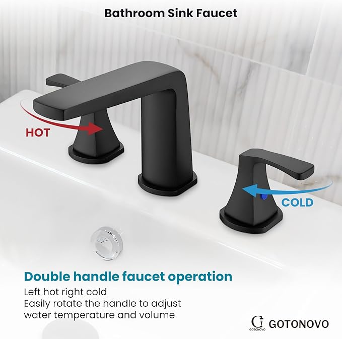 gotonovo Bathroom Sink Faucet 3 Holes 2 Handles Widespread 8 Inch Bathroom Faucet with Pop Up Drain Hot Cold Water Supply Lines Lavatory Vanity Mixer Tap, Thin Style, Matte Black