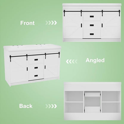 48" White Farmhouse Double Bathroom Vanity, 2 Ceramic Sinks, Freestanding with 2 Sliding Doors, 2 Drawers & Shelves, Actual 47.3" L x 19.7" W x 35.5" H