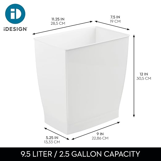 iDesign Small Plastic Bathroom Trash Can, Slim Rectangle, 2-Pack, White | Garbage Bin for Bedroom, Office, Dorm