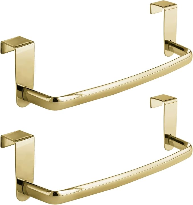 mDesign Steel Metal Wire Over Cabinet Towel Rack Storage Organizer - Hang on Cabinet or Door - Towel Bar Holder for Kitchen - Holds Hand Towels, Washcloths - Spira Collection, 2 Pack, Soft Brass