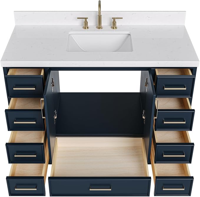 Langford 48-inch Midnight Blue Bathroom Vanity with Center Rectangle Single Sink, Carrara White Quartz Countertop & Backsplash, Solid Wood Frame, Soft-Closing & Dovetail Drawers