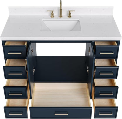 Langford 48-inch Midnight Blue Bathroom Vanity with Center Rectangle Single Sink, Carrara White Quartz Countertop & Backsplash, Solid Wood Frame, Soft-Closing & Dovetail Drawers