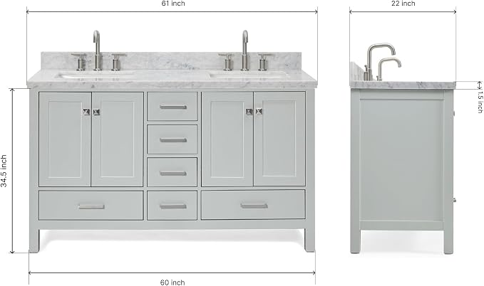 ARIEL Cambridge 60-inch Bathroom Vanity with Sink,Solid Wood, 1.5-inch Italian Carrara Marble Countertop, Double Rectangular Porcelain Sink, 4 Soft Closing Doors, 6 Dovetail Drawers, Grey