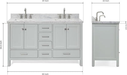 ARIEL Cambridge 60-inch Bathroom Vanity with Sink,Solid Wood, 1.5-inch Italian Carrara Marble Countertop, Double Rectangular Porcelain Sink, 4 Soft Closing Doors, 6 Dovetail Drawers, Grey