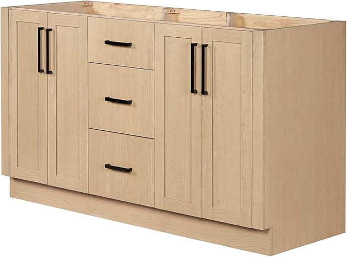 ARIEL Loren 60-inch Bathroom Vanity with Sink,Solid Wood, 1.5-inch Italian Carrara Marble Countertop, Double Rectangular Porcelain Sink, 4 Soft Closing Doors, 3 Dovetail Drawers, Natural Oak