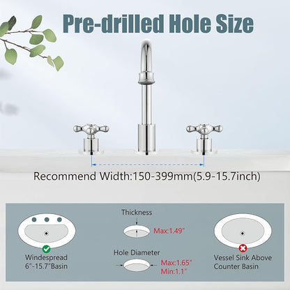 3 Hole Bathroom Sink Faucet Widespread Metal Label Polish Chrome | High-Arc Swivel Spout,Pop Up Drain,Cross Handle,cUPC Hose,for 6-16″Centerset Basin,Farmhouse,RV,Vanity,Lavatory 8" Mixer Tap