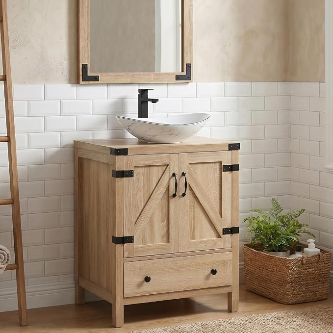 24 inch Natural Color Bathroom Vanity, Rustic Fixture Standing Pedestal Cabinet with White Ceramic Boat Sink
