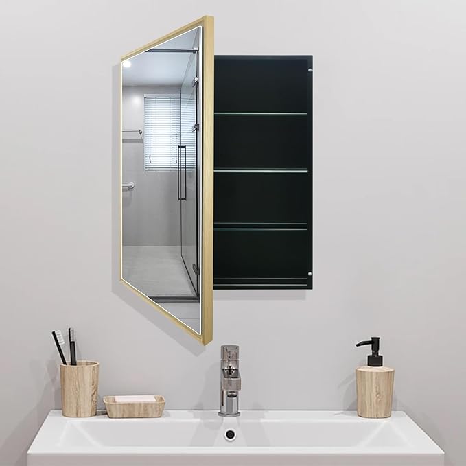 24”x30” Medicine Cabinet with Aluminum Frame,Surface or Recessed Medicine Cabinet Mirror for Bathroom,Bathroom Mirror with Storage,Gold