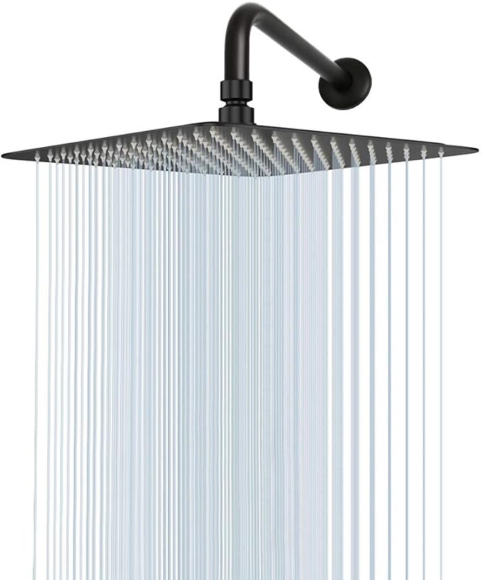 NearMoon Square Rain Shower Head With Extension Arm, Large Stainless Steel Rainfall Shower-Waterfall Full Body Coverage (12 Inch, Matte Black)