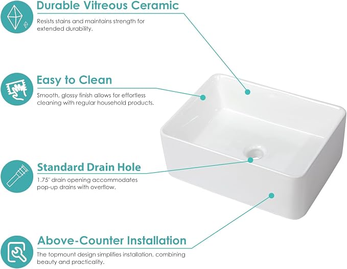 Rectangular Vessel Sink - 18" x 13" Modern Bathroom Vessel Sink White Porcelain Ceramic Rectangle Above Counter Vessel Vanity Sink Art Basin