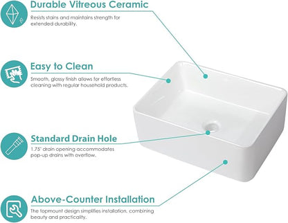 Rectangular Vessel Sink - 18" x 13" Modern Bathroom Vessel Sink White Porcelain Ceramic Rectangle Above Counter Vessel Vanity Sink Art Basin