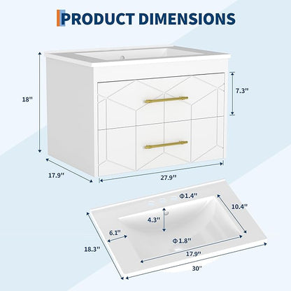 Garvee 30" Bathroom Vanity with Sink, Floating Bathroom Vanity with Ceramic Basin, 2 Large Storage Drawers with Gold Metal Handle, Modern Wall Mounted Bathroom Cabinet with Sink, White
