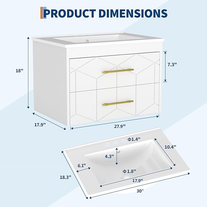 IDEALHOUSE Floating Bathroom Vanity with Sink 30 inch, Modern Bathroom Sink Cabinet, Ceramic Vanity Top, 2 Large Storage Drawers with Gold Metal Handle, Easy to Assembly, White