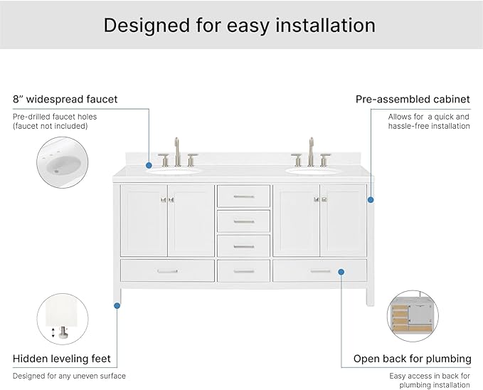 ARIEL Cambridge 72-inch Bathroom Vanity with Sink,Solid Wood, 1.5-inch Carrara White Quartz Countertop & Backsplash, Double Oval Porcelain Sink, 4 Soft Closing Doors, 6 Dovetail Drawers, White