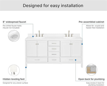 ARIEL Cambridge 72-inch Bathroom Vanity with Sink,Solid Wood, 1.5-inch Carrara White Quartz Countertop & Backsplash, Double Oval Porcelain Sink, 4 Soft Closing Doors, 6 Dovetail Drawers, White