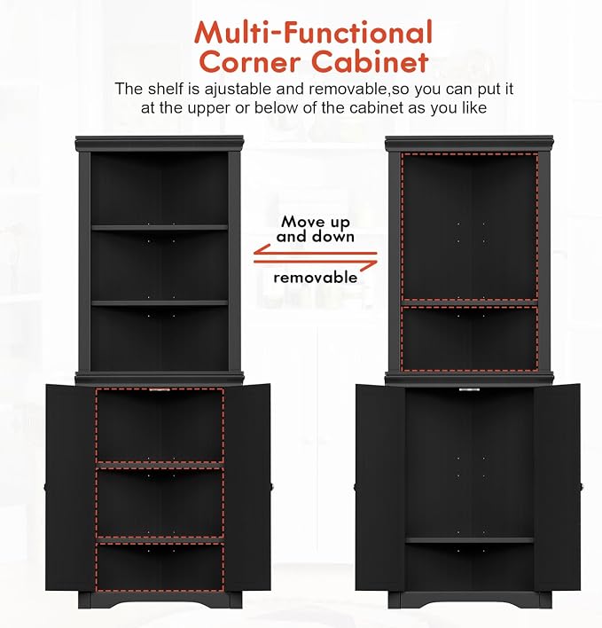 YESHOMY Corner Cabinet, Storage Cupboard with Doors, Black | Tall Storage Cabinet with Adjustable Shelves, for Living Room, Bathroom, Kitchen