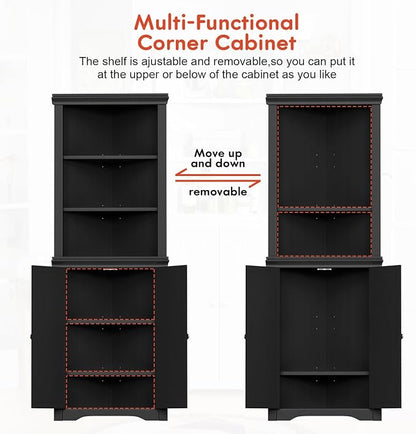 YESHOMY Corner Cabinet, Storage Cupboard with Doors, Black | Tall Storage Cabinet with Adjustable Shelves, for Living Room, Bathroom, Kitchen