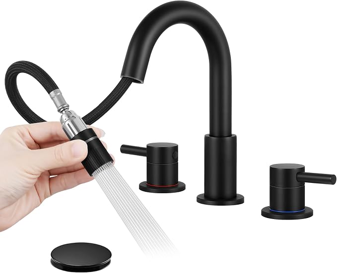 FGKQ Black Bathroom Faucet 3 Hole with Pull Down Sprayer and Pop Up Drain | Stainless steel, RV Bathroom Sink Faucet, 8-Inch widespread vanity faucet, 2-Handle,360° Swivel,llaves para lavamanos de baño