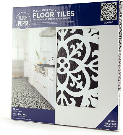 FloorPops FP2475 Gothic Peel & Stick Floor Tiles, Black (Pack of 2)