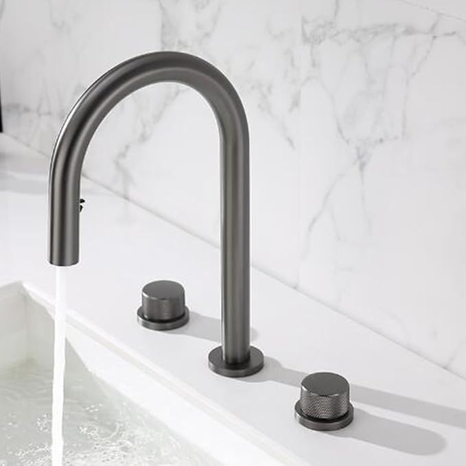 3 Hole Basin Mixer Faucet Pull Brass 3 Hole Bathroom Faucets Dual Mode 2 Handles-Grey