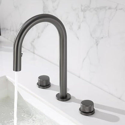 3 Hole Basin Mixer Faucet Pull Brass 3 Hole Bathroom Faucets Dual Mode 2 Handles-Grey