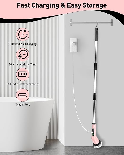 Electric Spin Scrubber for Bathroom, Shower Scrubber with Long Handle | Shower Cleaner Brushes, IPX7 Waterproof & 2 Speed, 3 Brush Heads, 90min Runtime, Bathroom Cleaning Supplies for Toilet Tub