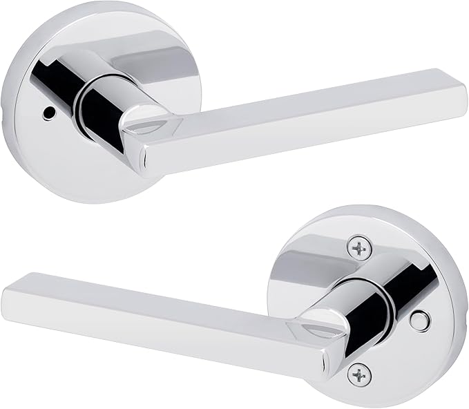 Kwikset Halifax Interior Privacy Door Handle with Lock, Round Lever for Bathroom and Bedroom, Polished Chrome Reversible Keyless Push Button Lock Door Lever, with Microban Protection
